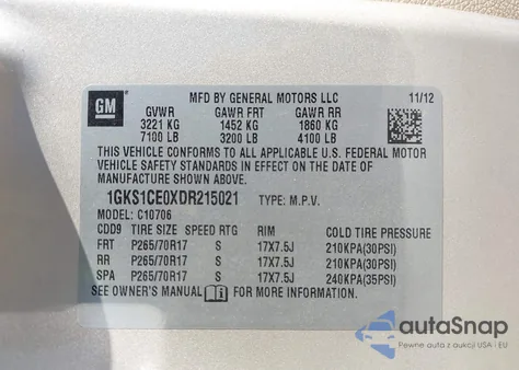 2013 GMC Yukon Slt из США, поврежденный, VIN 1GKS1CE0XDR215021